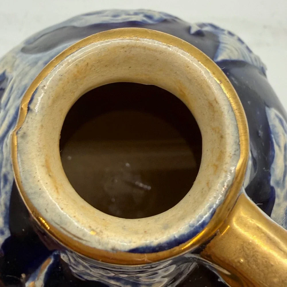 Vintage Japan Cobalt Ceramic Musical Decanter Castle Crown Stopper Gold Trim